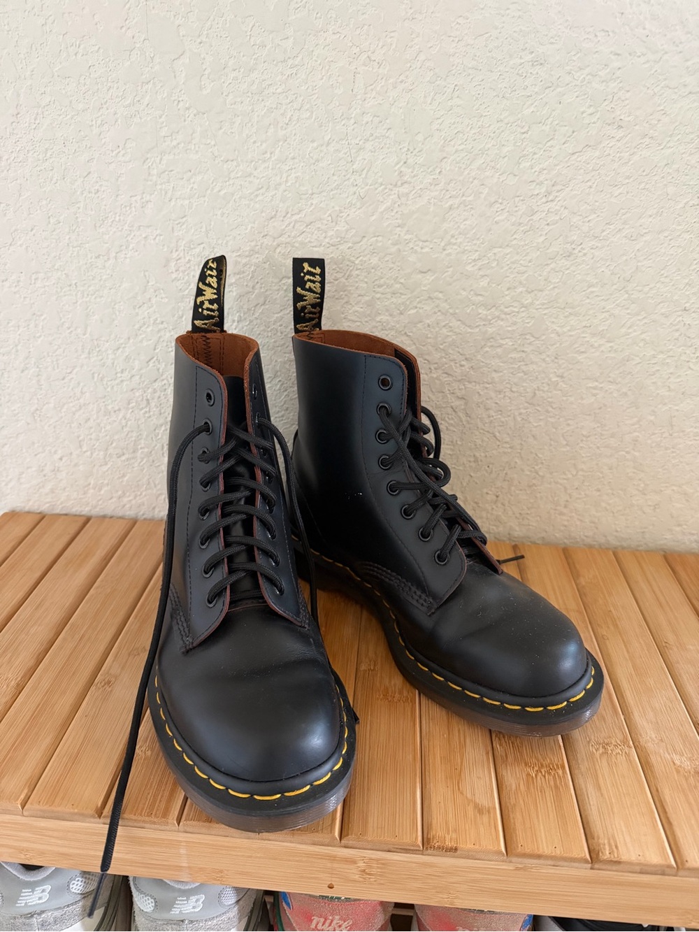 Dr. Martens Black Leather Lace-Up Combat Boots with Yellow Stitching